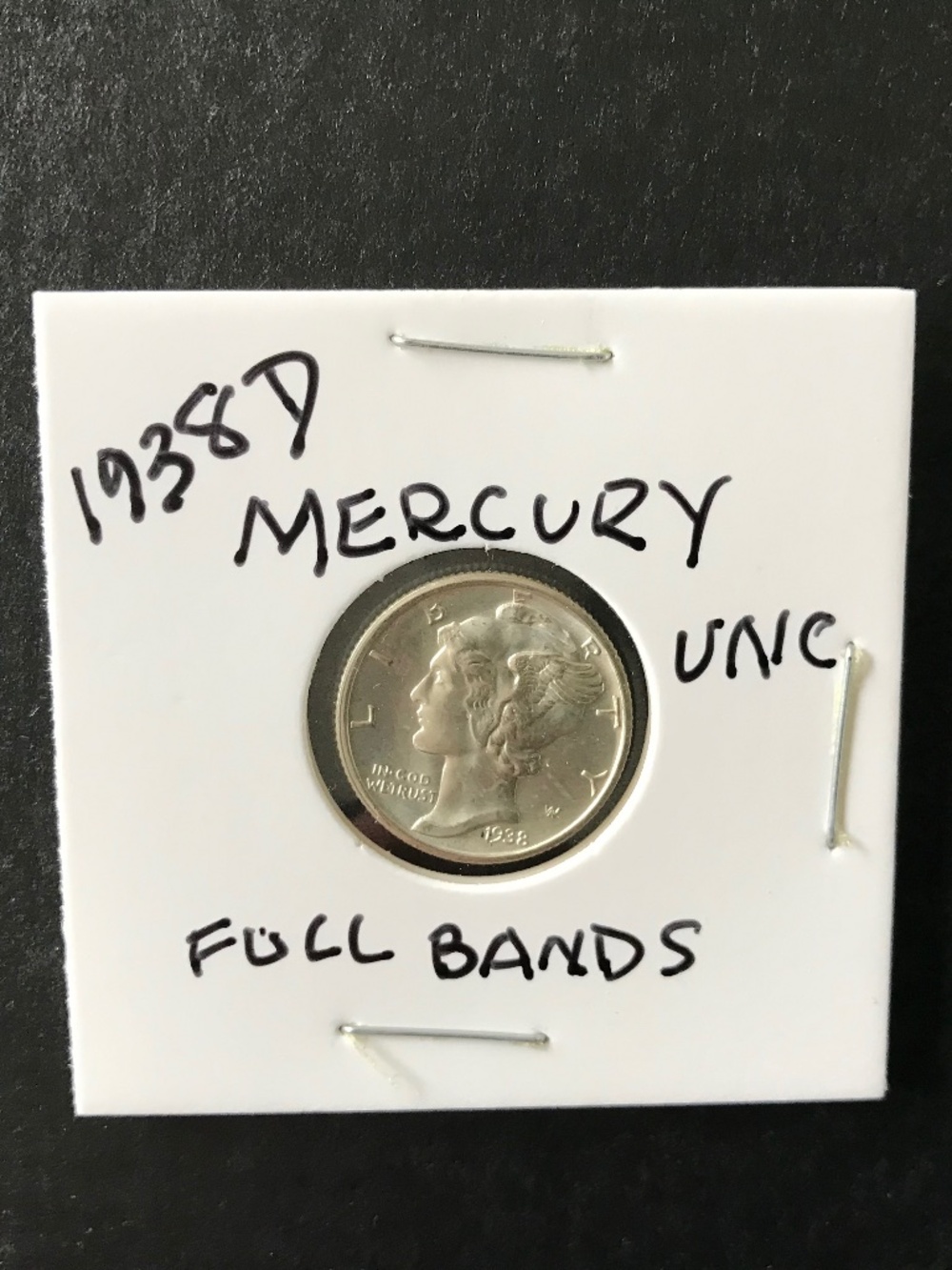 1938 D Mercury Dime, Uncirculated, Full Bands, Brilliant, May Be Mint State